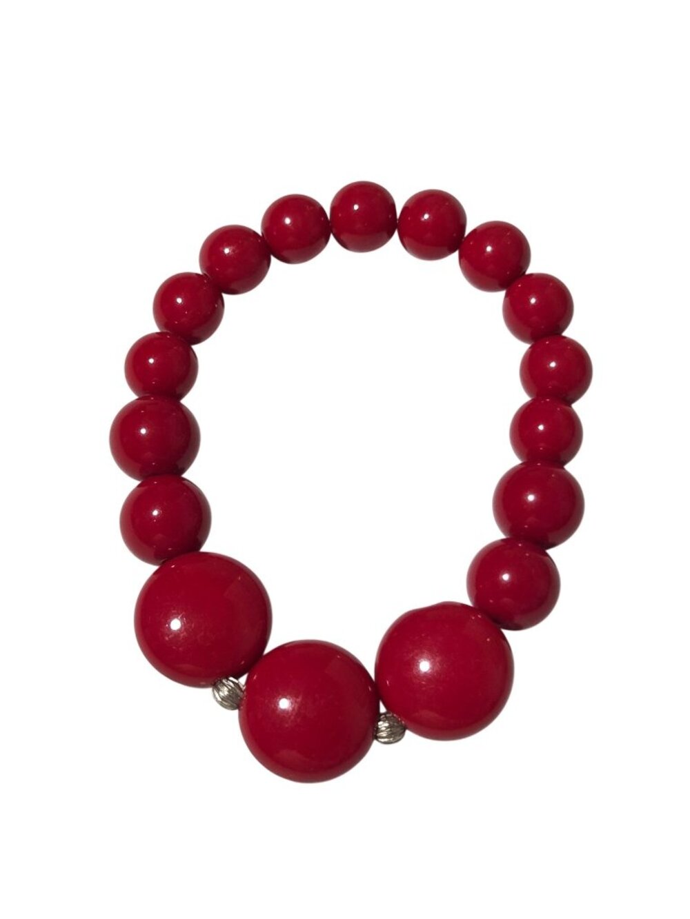 Retro Cherry Red Beaded Stretch Bracelet Large Center Beads 50s 80s Fashion